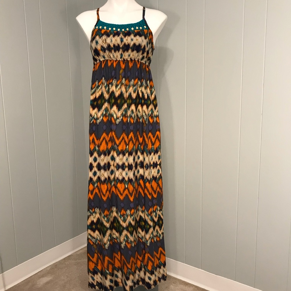 Mossimo Aztec Print Maxi Dress Beaded Neckline B5